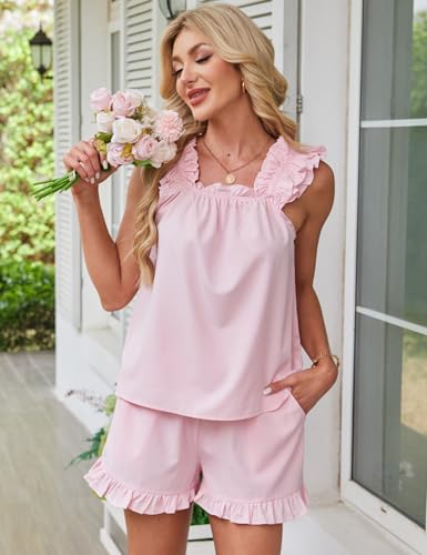 Image of Wyeysyt Summer PJs for Women Set, Womens Floral Pajama Set Trim Cami Top and Shorts 2 Piece Sleepwear Set