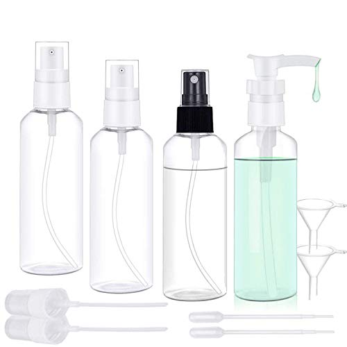 Jetika Spray Bottles with Pump Bottle, 3.4oz/100ml Portable Empty Small Clear Plastic PET Travel Bottle Set, Fine Mist Refillable Containers with Replacement Spray Tops/Funnels/Labels/Pipettes, 4 Pack