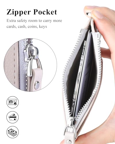 Image of Teskyer Slim RFID Wallet for Women, Small Card Holder with Zip Pocket, Beige, 3.5 inch x 4.7 inch, Minimalist | Zip Pocket for Cash Coin, 1 ID Window & 7 Card Slots, Ultra Slim Design, D-Ring for Neck Lanyard, for Daily Carry and Travel