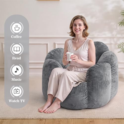 HOMMPA Bean Bag Chair for Adults Comfy Velvet Bean Bag Couch with Back Support Flower Shaped Oversized Sofa for Living Room,Bedroom,Dorm,Grey - image 6