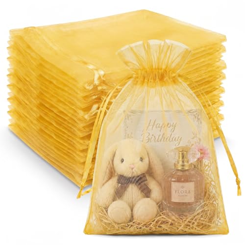 Image of Crweety Gold Organza Bags 8x12 Inch 50 Pcs, Large Mesh Gift Bags Drawtring for Wedding Favor Bridal Shower Party Favor, Luxury Jewelry Pouches for Candy, Treat Sachet Gift Wrap & Graduation Gifts