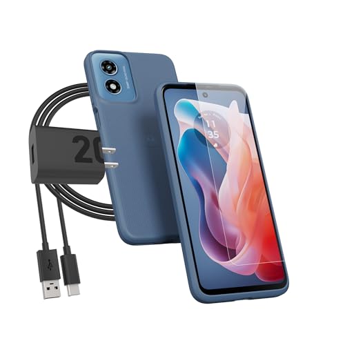Motorola Moto G Play (2024) Protective Case (Dusk Blue) + 9H Tempered Glass Screen Protector + TurboPower 20W Charger and 3.3ft USB-C Cable + Electronics Organizer Bag
