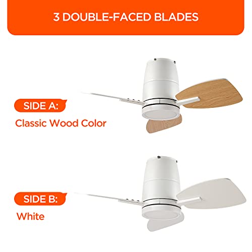 Taloya 30Inch Ceiling Fans With Lights, Remote Control, Quiet Dc Motor, Small Flush Mount Ceiling Fan For Bedroom, Kids Room, White/Wood Grain #TOP2