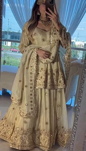 Image of LUXE VIBE Embroidered Embellished chinon semi-beads real mirror work top with chinon lehenga and embroidered dupatta set
