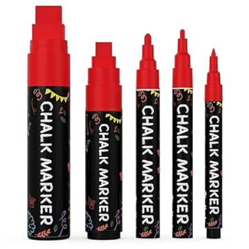 5 Red Chalkboard Chalk Pens - Red Dry Erase Markers for Blackboard, Chalkboard Signs, Windows, Glass | Variety Pack - Fine & Jumbo Size Ink Pen (1mm, 3mm, 6mm, 10mm, 15mm)