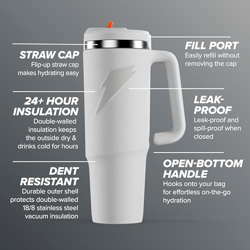 Image of Gatorade Crossover Stainless Steel Tumbler Water Bottle, White, Double-Wall Insulation, 36 fl oz