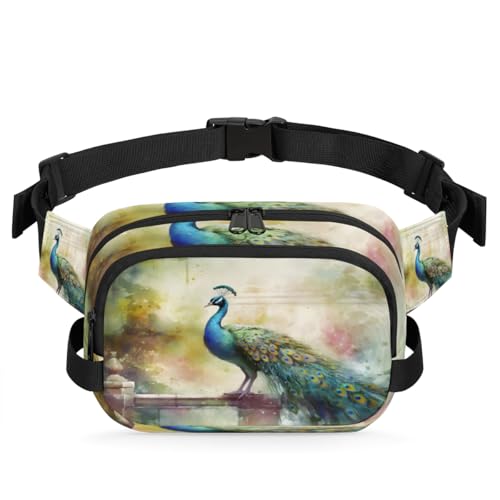 Elegant Watercolor Peacock Waterproof Fanny Pack for Women Men Adjustable Waist Bag with Double Zipper Pockets Lightweight Square Hip Pack for Running Travel Hiking Workout Cycling