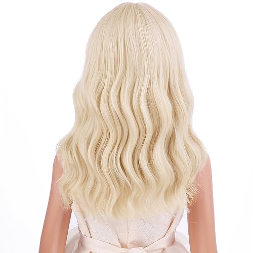 Image of PATTNIUM Platinum Blonde Wig Short Wavy Wig with Bangs Synthetic Blonde Wig Women Cosplay Halloween Party Costume Wig (Platinum Blonde)