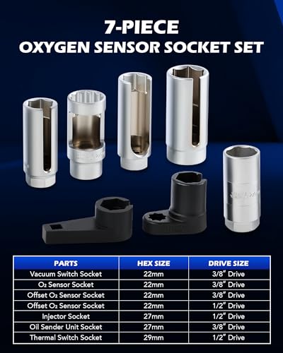 Orion Motor Tech 7pc Oxygen Sensor Socket Set, O2 Sensor Removal Kit, Oil Pressure Sensor Socket Wrench Set with 22mm 27mm 29mm Sockets 1/2\" 3/8\" Drives, Oxygen Thermal Oil Pressure Sensor Removers