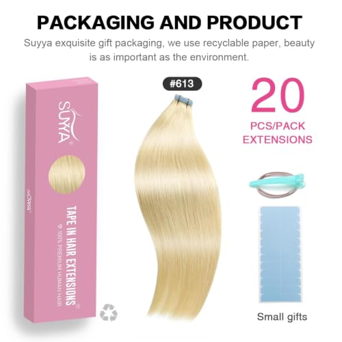 Image of SUYYA Tape In Hair Extensions Human Hair 16 Inch #613 Bleach Blonde