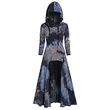 Women Medieval Hooded Vintage Cloak Tie Dyed Asymmetric Fleece Button Starry Galaxy Print Halloween