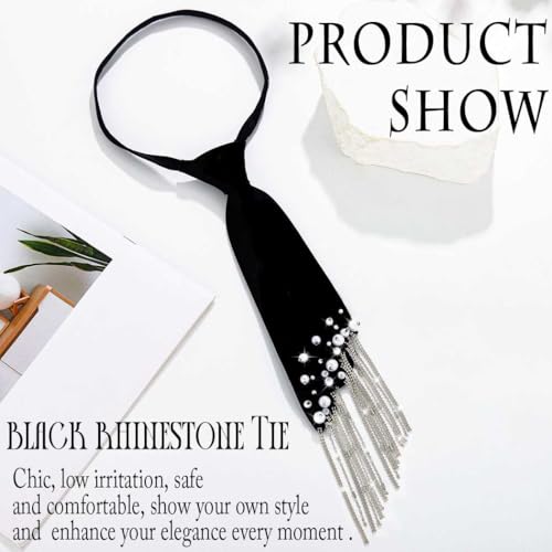 Vinzar Black Tie Choker Pearl Y-Necklace Silver Tassels Choker Long Tie Necklace for Women2