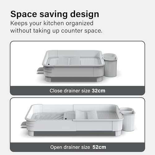 Extendable Dish Drainer Rack Foldable Dish Draining Rack with Removable Cutlery Holder Adjustable Dish Draining Board Rack with Swivel Drainage Spout Space-Saving Kitchen Drying Rack Light Grey - Image 4