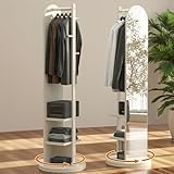 WUDLEP Specchio girevole a 360° e supporto appendiabiti – 2 in 1 con 6 ganci e 2 ripiani – Design girevole salvaspazio per camera da letto, soggiorno o ingresso