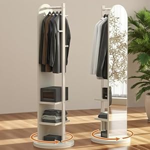 WUDLEP 360° drehbarer Ganzkörperspiegel, 2-in-1 platzsparender Ganzkörperspiegel mit Garderobe, freistehender Bodenspiegel mit Ablagen und Haken, für Eingangsbereich, Schlafzimmer, weiß