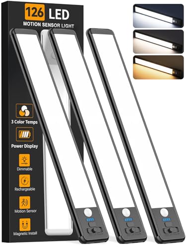 Image of Under Cabinet Lighting Wireless, 15inch Rechargeable Motion Sensor Light Indoor, 3 Color Closet Light Battery Operated with LED Power Display, Magnetic Under Counter Lights for Kitchen (3Pack-Black)