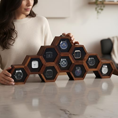 Image of Vintage Wooden Watch Box for Men, Timepiece Display Case, Honeycomb Watch Storage & Organizer, Jewlery Box for Women, Anniversary Gift For Husband (10 Compartments (Other Design))