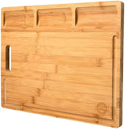 Large Organic Bamboo Cutting Board - Wooden Charcuterie Cheese Serving Platter For Kitchen - With Deep Drip Edge & Garnish Bowls - Boards Are BPA Free,16x12” - Unique Housewarming Gift Idea - Good&Co.