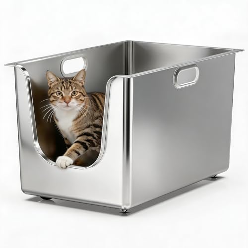 Stainless Steel Litter Box 11.8'' High Sides, XL Metal Cat Litter Box with Curved Low Entry, Cat Litter Pan for Big & Multiple Cats, Pet Toliet with H