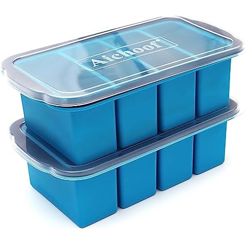 1&1/2-Cup Extra Large Freezing Tray for soup,broth,sauce or butter,2 pack Ice Cube Trays with lid, Silicone Freezer Container Molds Soup Trays -makes four great portions 1cup Cube(2 PACK, Blue) Cover