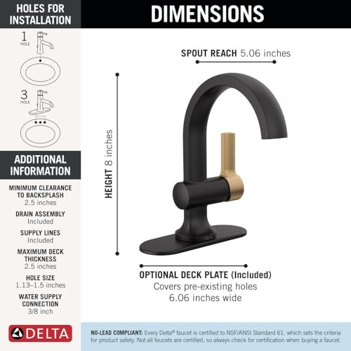 Delta Albion Matte Black/Brushed Gold Bathroom Faucet 1 Hole, Single Hole Bathroom Sink Faucet for Vanity, Metal Push-Pop Drain Assembly, Matte Black/Champagne Bronze 15855LF-GZ by DELTA - Used condition - Image 4