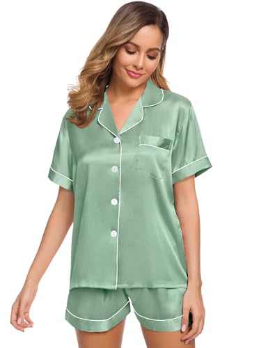 Image of SWOMOG Womens Silk Satin Pajamas Set Short Sleeve Sleepwear Button Down Top and Shorts Loungewear 2 Piece Pjs Set XS-3XL