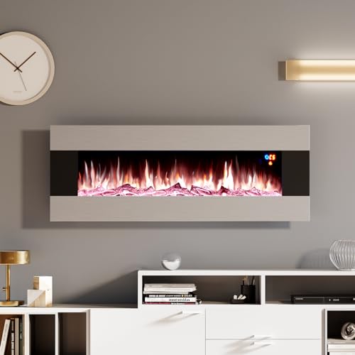 LUXOAK 50" Wall Mount Electric Fireplace, Stainless Steel Wall Hanging Fireplace with Remote, 6 Color 5 Brightness Log & Crystal Flame, Top Vent, Electric Heater for Living Room or Bedroom, Semisteel