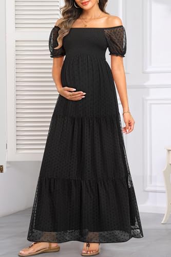 Image of Off The Shoulder Maternity Dress for Baby Shower - Women's Boho Swiss Dot Smocked Puff Sleeve Maxi Dress