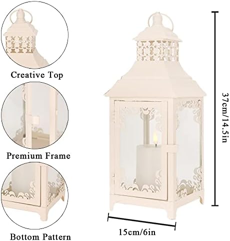 JHY DESIGN Hanging Christmas Candle Lanterns, 37.5 cm High Vintage Decorative Glass Lantern, Metal Candle Holder for Real Candle Indoor Outdoor Party Weddings Gifts Living Room Garden New Year(White)
