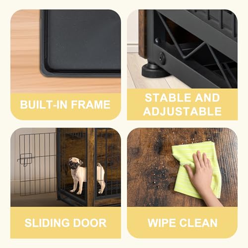 JY QAQA Dog Crate Furniture, Wooden Dog Crate Table, Double-Doors Dog Furniture, Indoor Dog Kennel, Dog House, Dog Cage/Brown/S