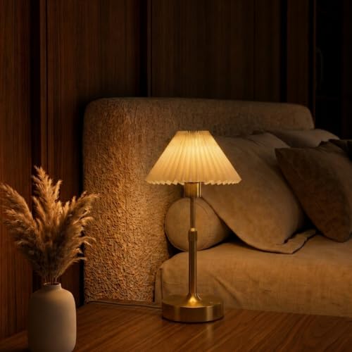 Image of NYRWANA Rechargeable Pleated Table Lamp | 2000mAh Battery | USB Charging | Stepless Dimming | Warm LED Bedside Lamp for Bedroom, Living Room, Study Table & Home Decor (Gold)
