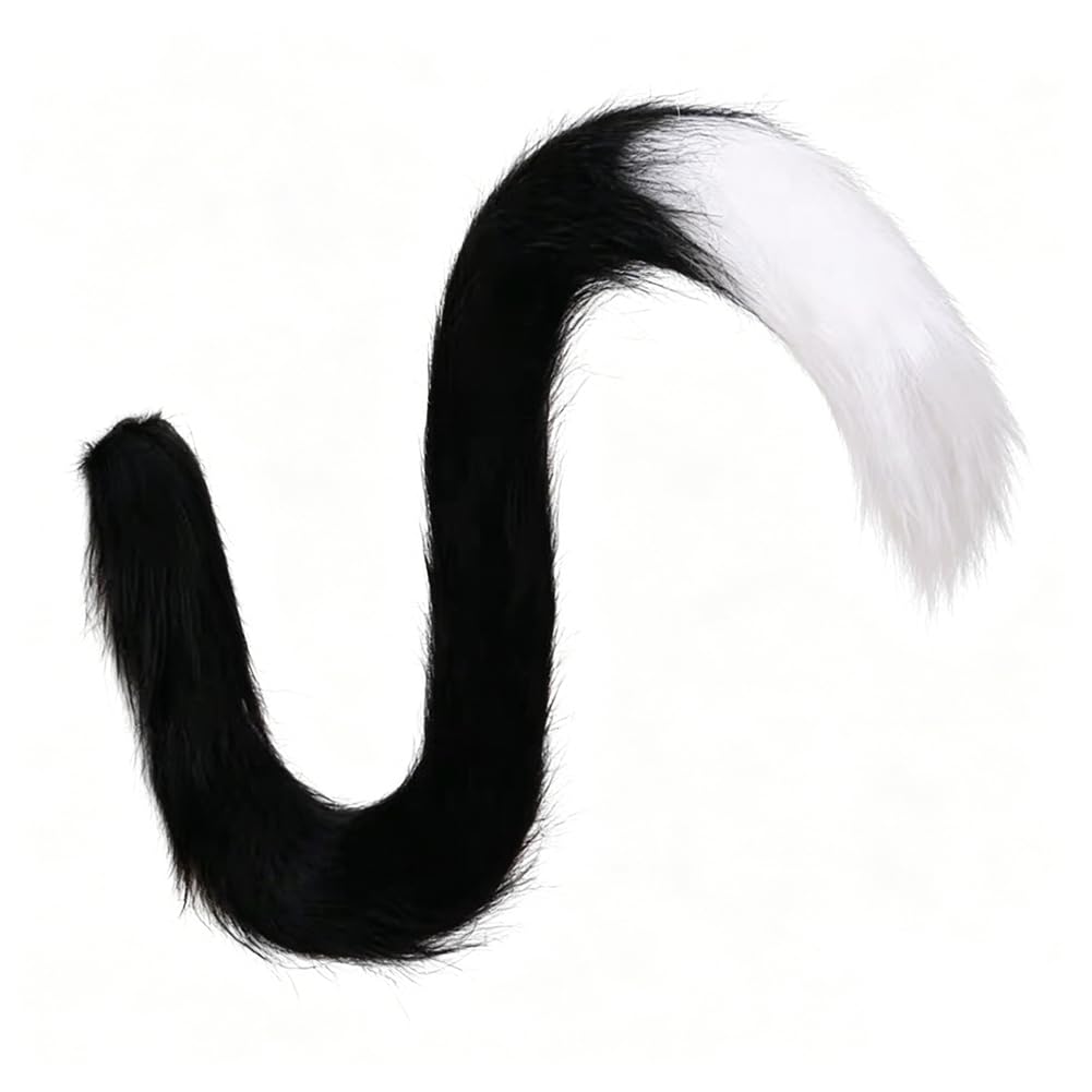 80cm Cat Tail Cosplay Tail Long Plush Animal Tail Faux Fur Fluffy Tail Therian Tail Costume Accessory Cat Tails Fancy Dress Tail for Halloween Christmas Party Cosplay Costume (Black White)