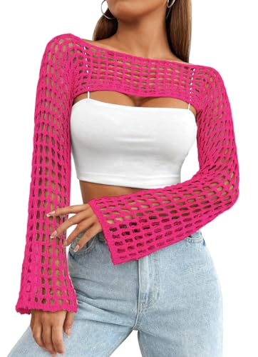Image of Womens Crochet Shrug Y2K Hollow Out Bolero Shrug See Through Cropped Knit Sweater Top