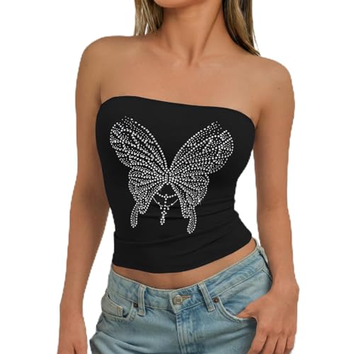 QISSYILY Womens Y2k Butterfly Rhinestone Tube Top Slim Fit Bandeau Crop Tops Strapless Sleeveless Shirt Sparkly Graphic Tops(Black S)