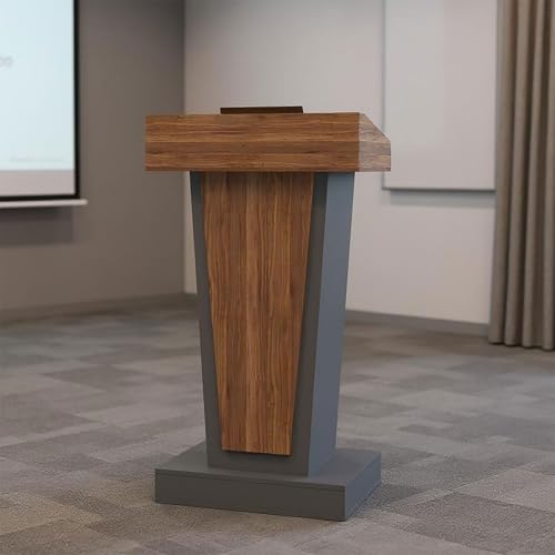 BERPET Wooden Podium Stand with Footrest, Rolling Lectern with Storage, 23.6â€ Desktop, Built-in Cable Holes, Sturdy Base, Mobile Pulpit for Churches, Conferences & Classrooms