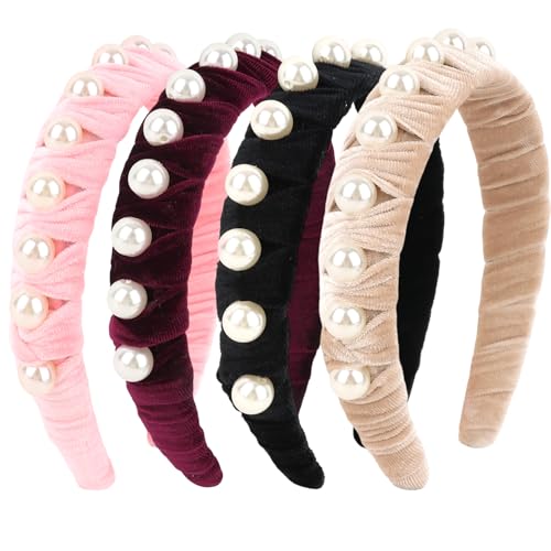 KIUEZIR 4 Stück Perlen Haarreifen Damen, Elegant Perlenverzierte Haarband in 4 Farben (Rot/Pink/Schwarz/Beige), Langlebige Dirndl Stirnband Haarschmuck für Braut & Damen Hochzeit, Festival & Party