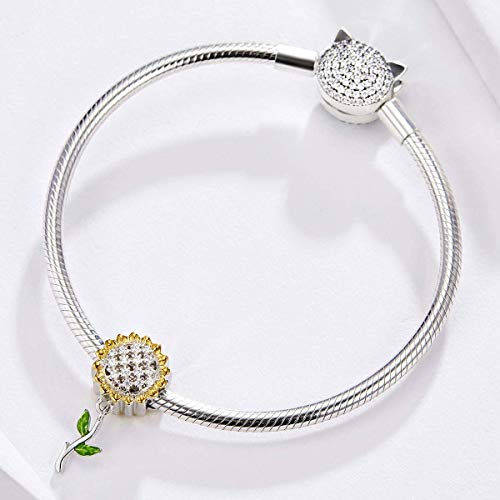 Image of Sunflower Dangle Charm Green leaf Beads 925 Sterling Silver Flower Pendant Charm fit Bracelet