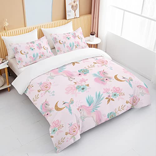 Bedmust Unicorn Duvet Cover Twin - Soft Cute Pink Unicorn Bedding Set With Flowers Leaves And Blue Birds Print Pattern 3 Piece Unicorn Bed Set For Kids Girls Boys (Twin, Gold Moon) #TOP4