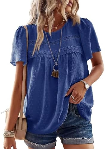 TUUHAW Top Damen Sommer Boho Bluse Kurzarm Oberteile Elegant Rundhals | Swiss Dot T Shirt, Süß Casual Tunika, Lässig Fließend Outfits, Spitze Herbst Kleidung, für Büro und Alltag,