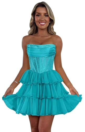 Sparkly Sequin Homecoming Dresses for Teens 2025 Strapless Ruffles Tiered Chiffon Corset A Line Short Prom Dress