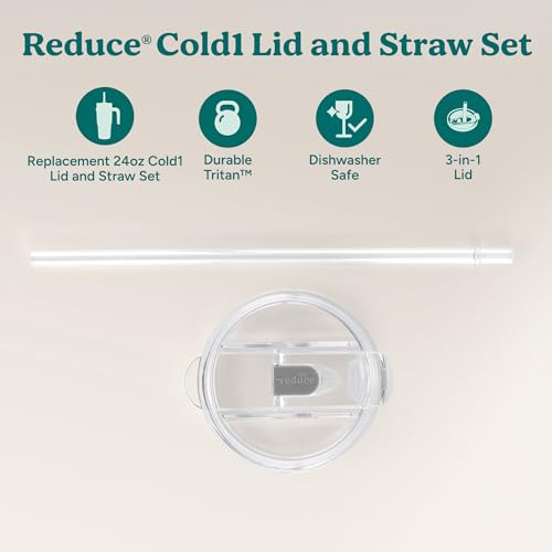 REDUCE brand Cold1 Tumblers or Mugs 20-24oz mouth Replacement Lid (3.5 inch diameter) and Straw (10.6 inch) set, Clear, BPA Free, Dishwasher safe, Durable, Reusable, Spill Proof Lid, Medium - Thumbnail 2