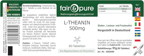 Fair & Pure L-Theanin 500 mg, 90 Tabletten, hochdosiert, Nahrungsergänzungsmittel vegan ohne Magnesiumstearat, in Deutschland hergestellt