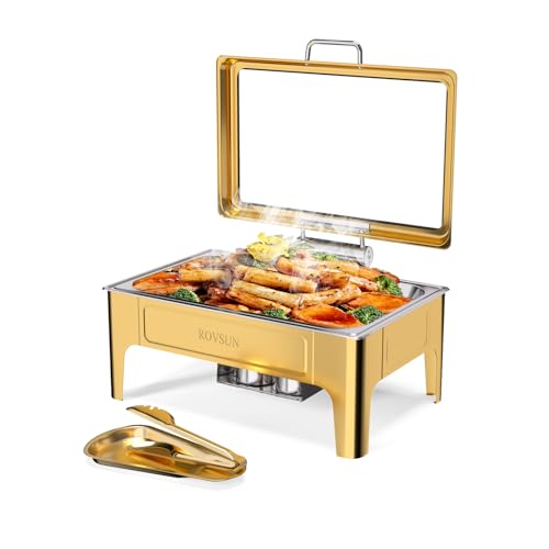 ROVSUN 9QT Gold Chafing Dishes for Buffet, Roll Top Chafing Dish Buffet Set, Rectangular Chafers and Buffet Warmers Sets with Glass Lid & Serving Tong for Parties Weddings Catering Events Dinners