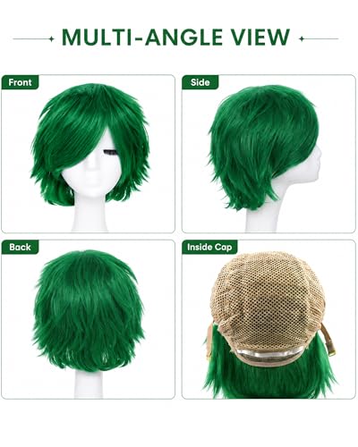 Image of Rose bud Anime Halloween Forest Green Wig for Cosplay Party Synthetic Layered Short Hair Wigs with Bangs Pastel Funny Wigs for Women Men