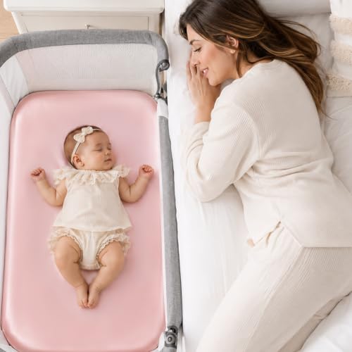 Image of Satin Bedside Bassinet Sheet, Great for Baby Hair, Soft Silky Feeling Sheet for Rectangle Cradle Bassinet Mattress Pad, for Girls Gift Newborn and Infant(Pink)