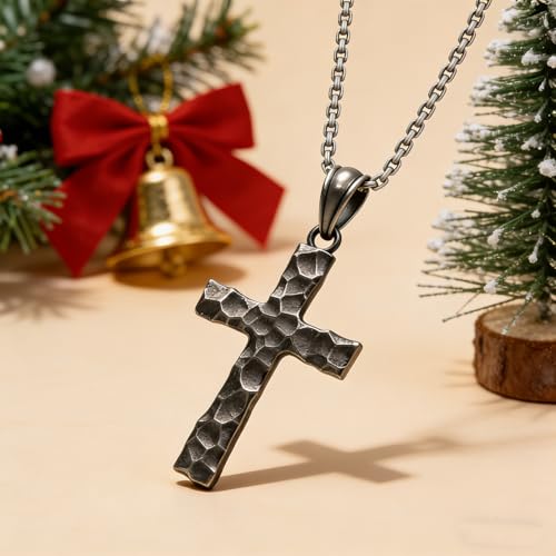 Image of 925 Sterling Silver Cross Necklace Men - Hammered Oxidized Cross Pendant Religious Vintage Unique Crucifix Jewelry Gifts for Him Christian Christmas Birthday