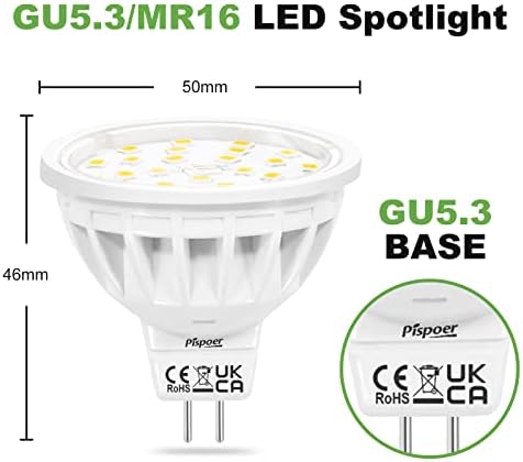 Pispoer Dimmable MR16 GU5.3 LED Light Bulbs,Warm White 2700K,5W Equivalent 50W Halogen,DC12V LED Spotlight,600LM RA85,120° Beam Angle,Pack of 8.
