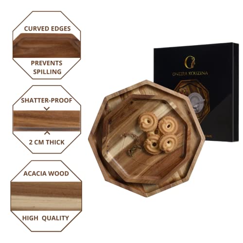 Acacia Wood Serving Trays - Set Of 2 Octagon Platters For Serving Food, Fruit, Vegetable, Meat Breakfast Lunch Dinner In Bed Decorative Bread Plates Party Wood Serving Board (1X10In, 1X8In) #TOP2