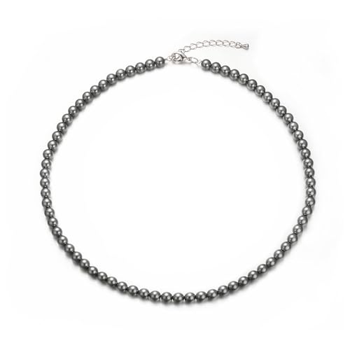 Aleasha 6mm Gray Pearl Necklace for Men Women 18" Round Faux Pearl Strand Stainless Steel Handmade Jewelry Gifts
