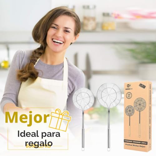 Miniatura 7 de Paquete De 2 Coladores Grandes De Araña, Cesta De Acero Inoxidable, Coladores De Cucharón De Cocina, Cucharas De Malla Con Mango Largo, Herramientas De Cocina Para Freír, Albóndigas, Pasta
